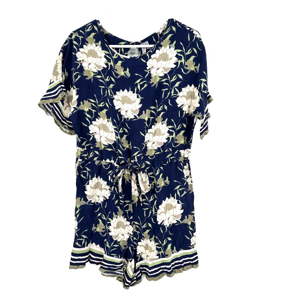 Blank London Size Medium Romper Blue‎ Floral Cinched Waist Short Sleeve Summer